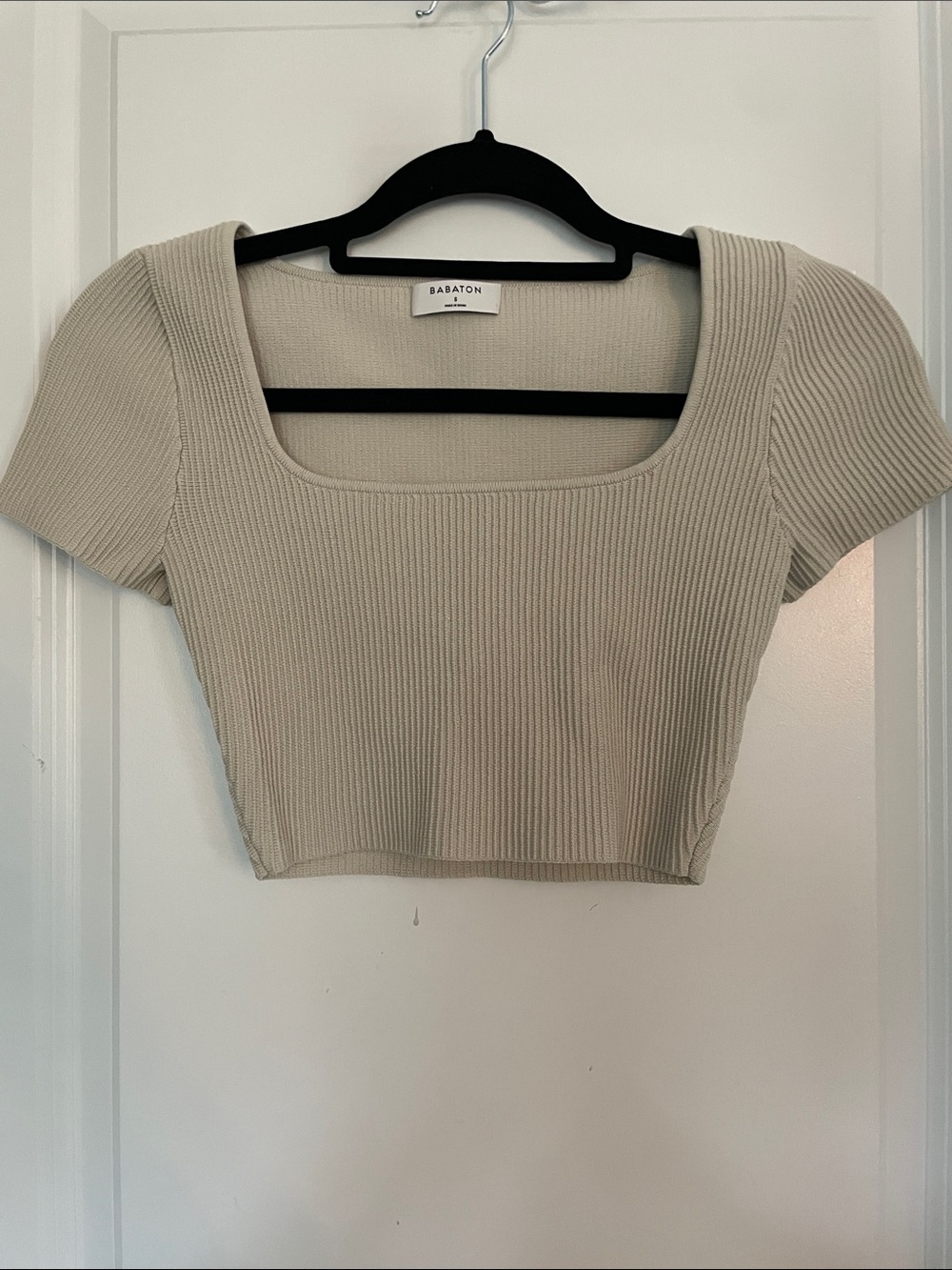 Babaton Beige Ribbed Square-Neck Crop Top Sz small